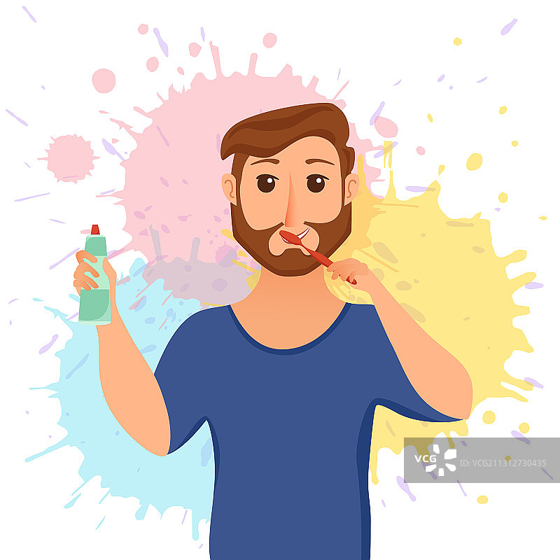 卡通风格的年轻男人刷牙概念图片素材