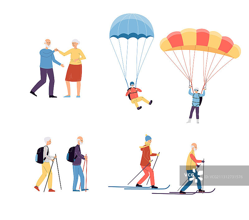 积极活跃的老年人角色扁平化设计图片素材