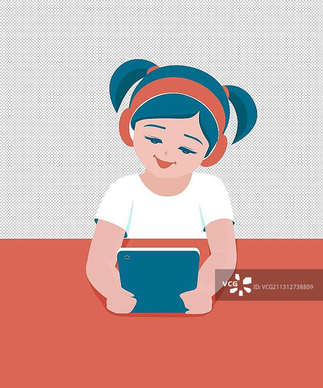 小女孩戴耳机看平板电脑图片素材