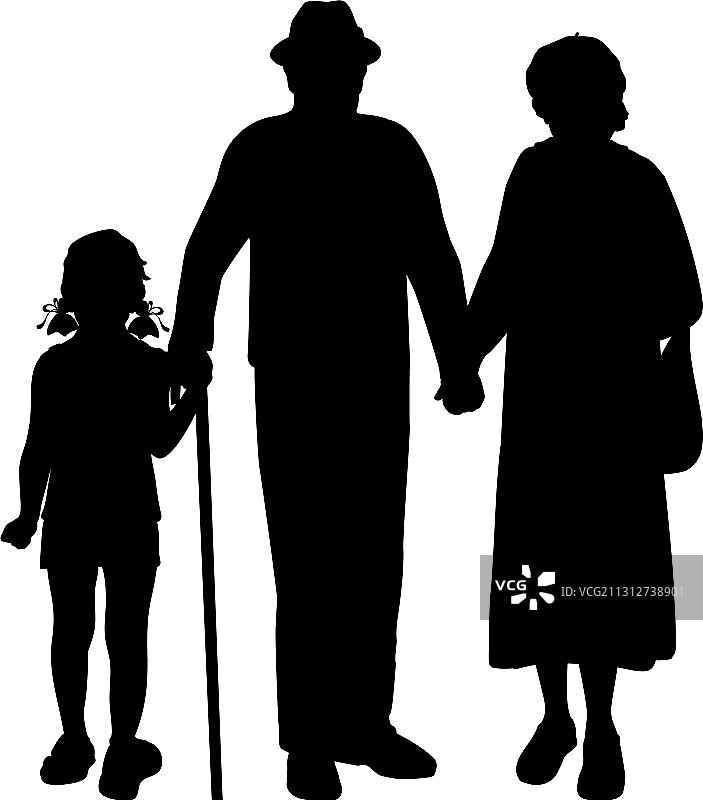 女孩与祖父母散步轮廓图片素材
