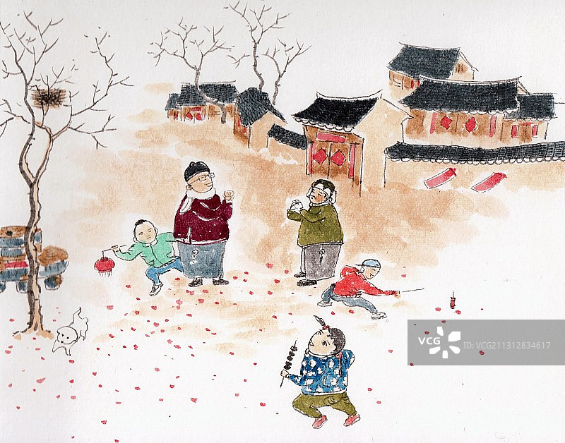 传统水墨年俗插画拜年图片素材