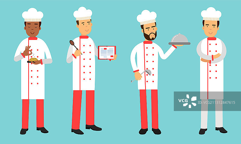 男厨师戴着白色帽子，穿着扣好的厨师服图片素材