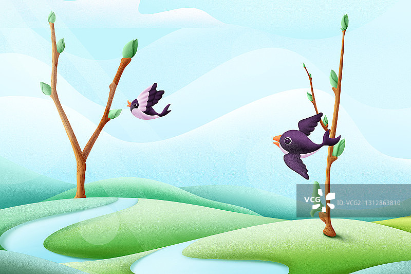 在春天的草地上飞舞的燕子手绘插画图片素材