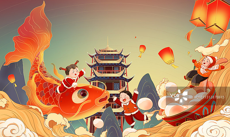 传统国画元宵佳节新年节日插画图片素材
