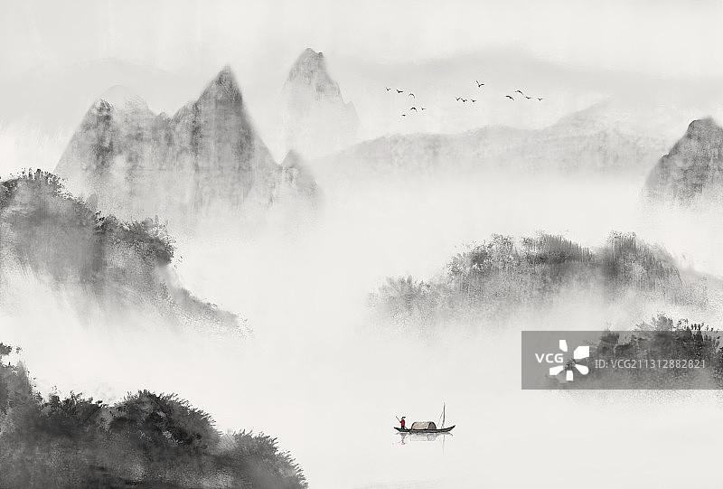 禅意意境留白水墨山水画图片素材