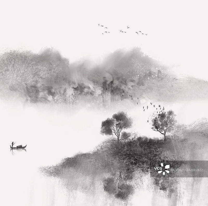 禅意意境留白水墨山水画图片素材