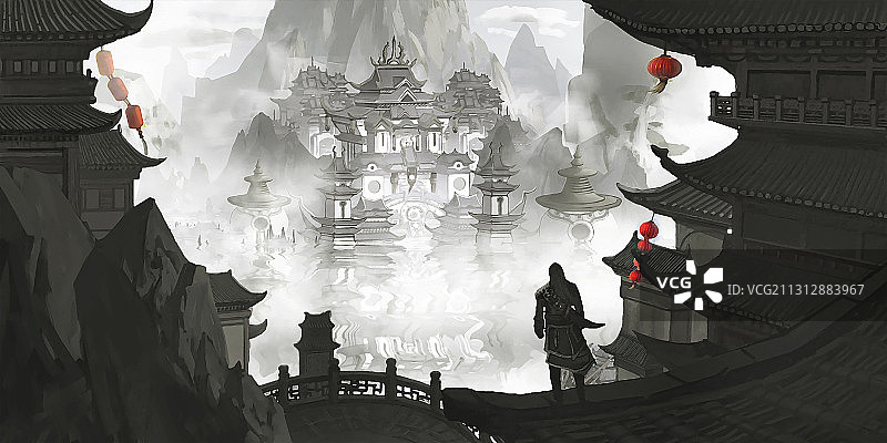 中国风古建筑水墨场景插画图片素材