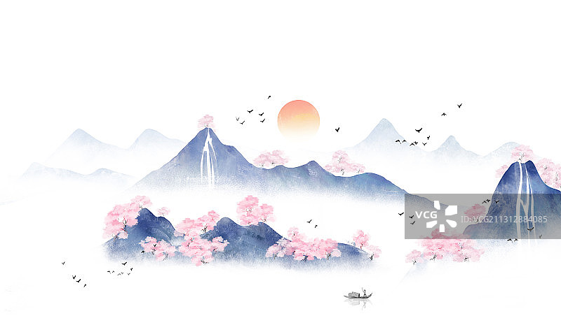 新中式蓝色意境山水画图片素材