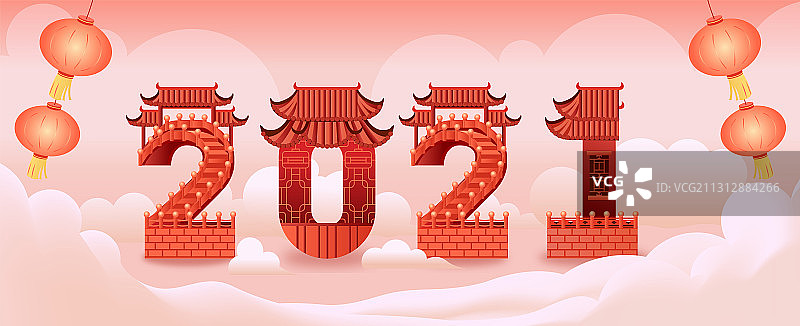 中式中国风亭台楼阁建筑2021牛年倒计时数字图片素材