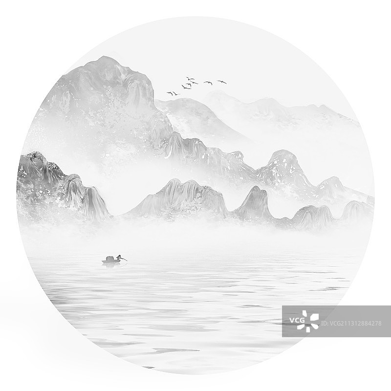 圆形意境水墨山水画图片素材