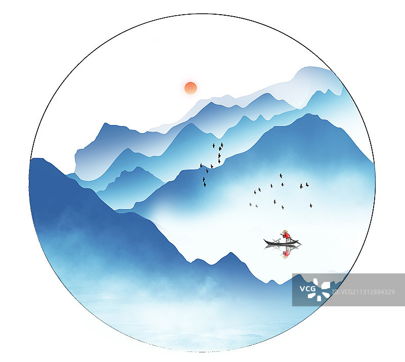 圆形蓝色意境水墨山水画图片素材
