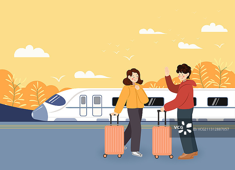 一对情侣春运拉行李箱乘坐高铁回家过年矢量图片素材