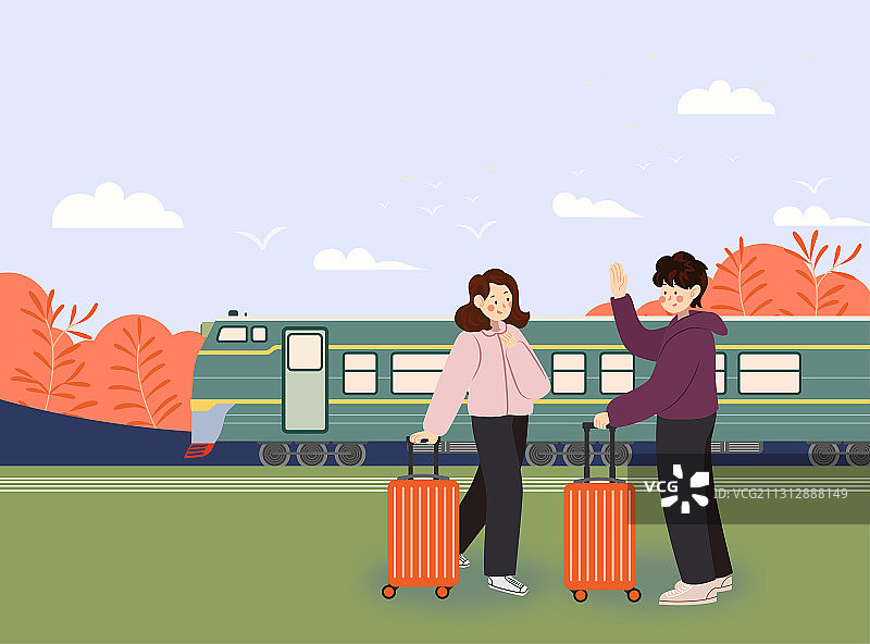 一对情侣春运拉行李箱乘坐火车回家过年矢量图片素材