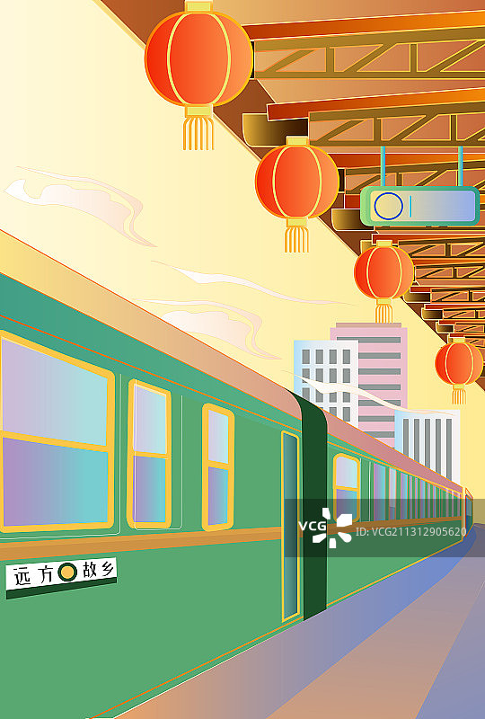 春运绿皮车火车站站台矢量插画图片素材