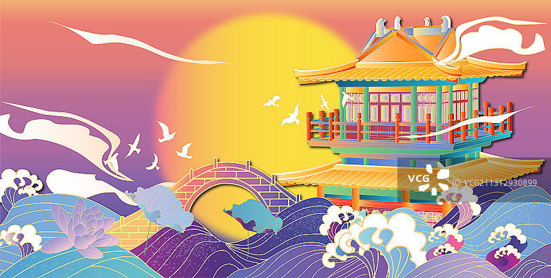 中国风海上日出楼阁剪纸风矢量插画图片素材