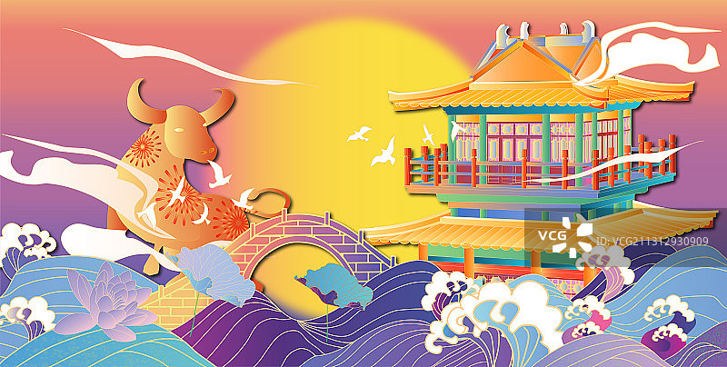 中国风海上日出金牛楼阁剪纸风矢量插画图片素材