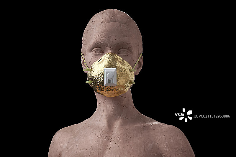 泥塑_模型_佩戴_纯金_N95_医用口罩图片素材