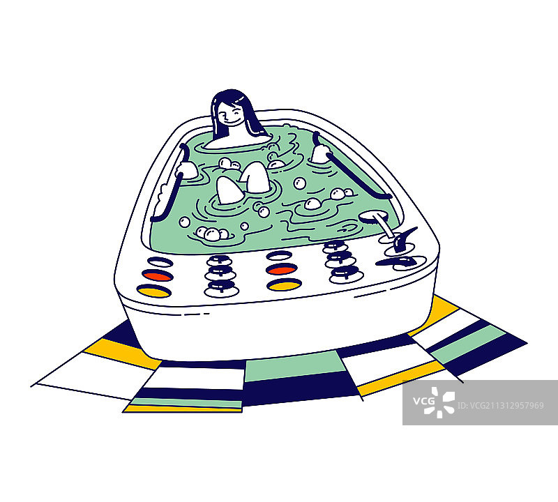年轻女孩在充满泡沫的按摩浴缸中洗澡图片素材
