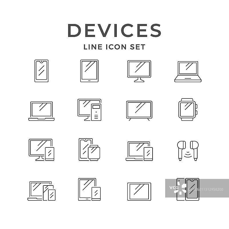 一套设备和小工具的线条图标图片素材