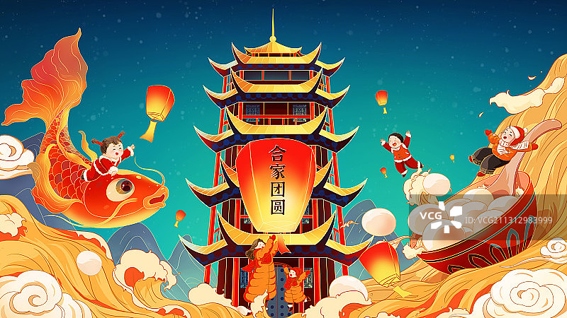 传统国画元宵佳节新年节日插画图片素材