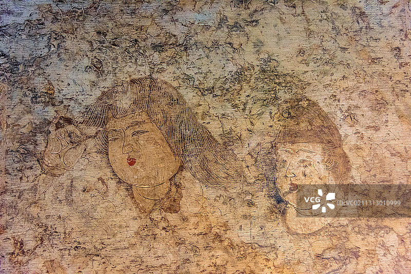 中国西安陕西历史博物馆馆藏唐代贞顺皇后石椁线刻仕女图图片素材