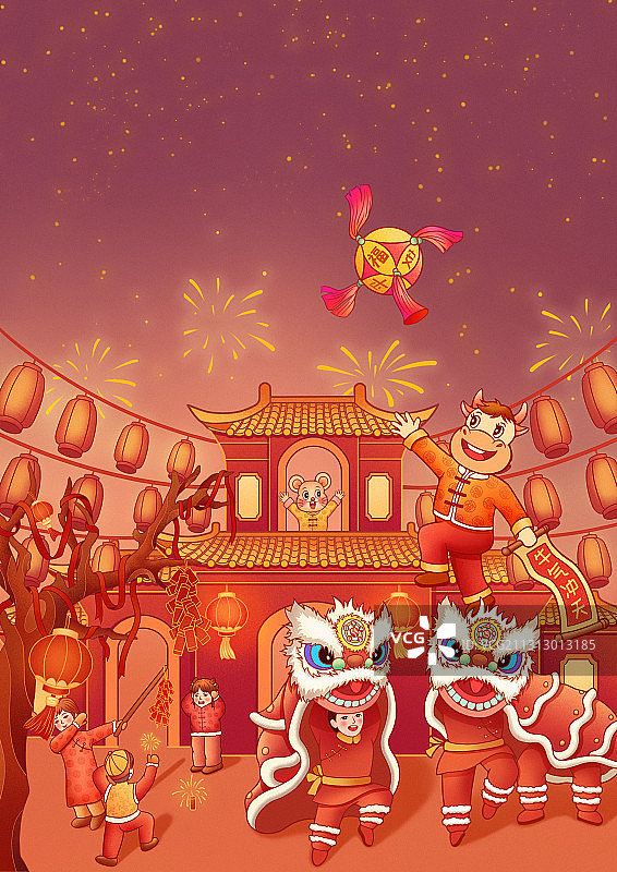 牛年新春牛气冲天插画竖版图片素材