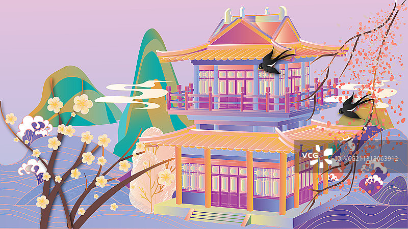 中国风古建筑春天梅花矢量插画图片素材