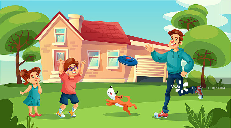 快乐的父亲和孩子们在院子里玩耍图片素材