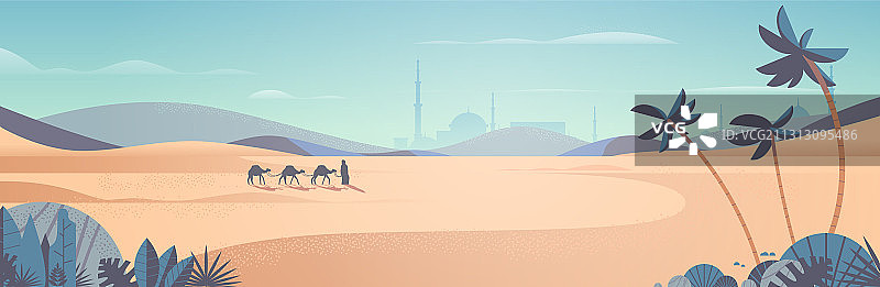 斋月节期间骆驼商队穿越沙漠图片素材