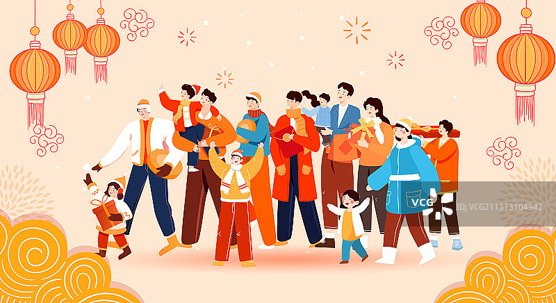 卡通新春新年春节小年年货节传统家人团聚城市繁华中国风矢量插画图片素材