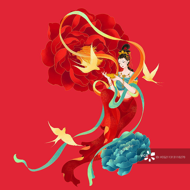 中国古代敦煌飞天舞女牡丹金燕国潮插画图片素材