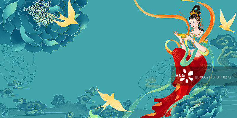 中国古代敦煌飞天舞女牡丹金燕国潮插画图片素材