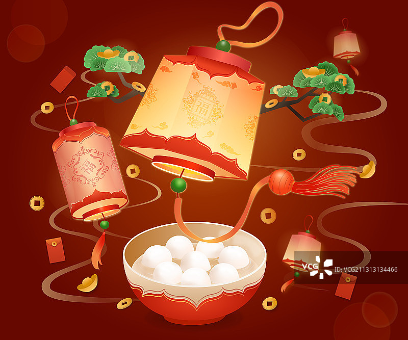 元宵节灯会一大碗汤圆和一些新春元宝红包松柏等喜庆素材图片素材