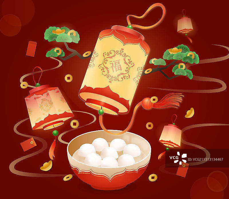 元宵节灯会一大碗汤圆和一些新春元宝红包松柏等喜庆素材图片素材