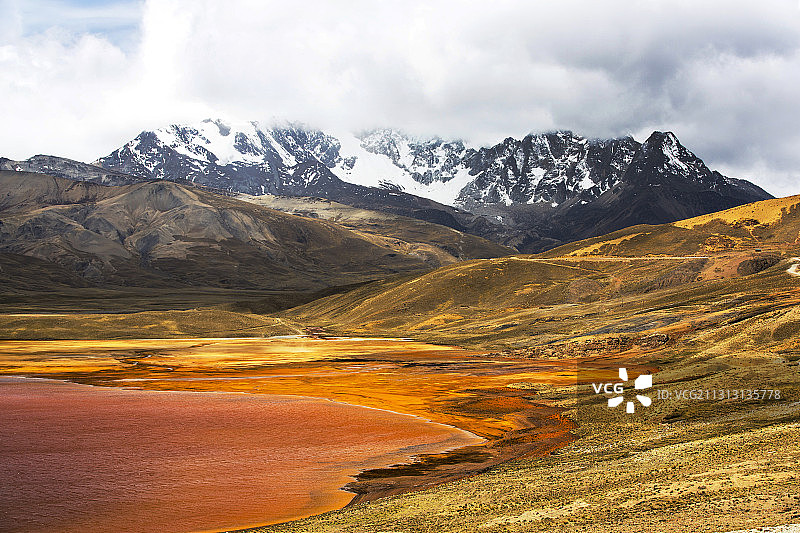 Laguna Miluni是由玻利维亚安第斯山脉的瓦伊纳波托西峰冰川融水补给的水库图片素材