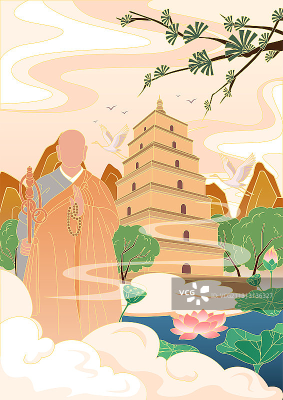西安大雁塔玄奘国潮插画图片素材