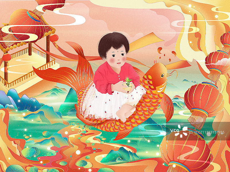 春节年画娃娃插画 鲤鱼上的小女孩图片素材