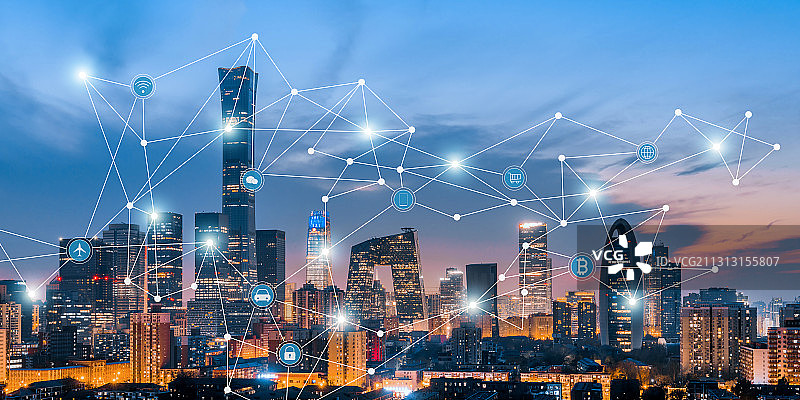 中国北京CBD建筑夜景和城市互联大数据概念图片素材