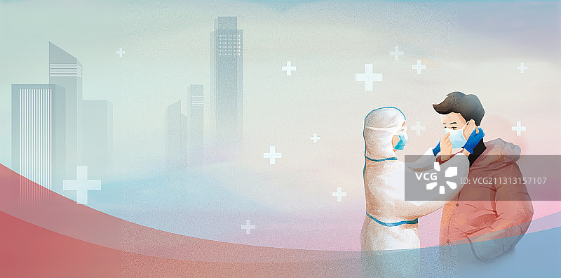 医护人员给群众戴口罩插画图片素材