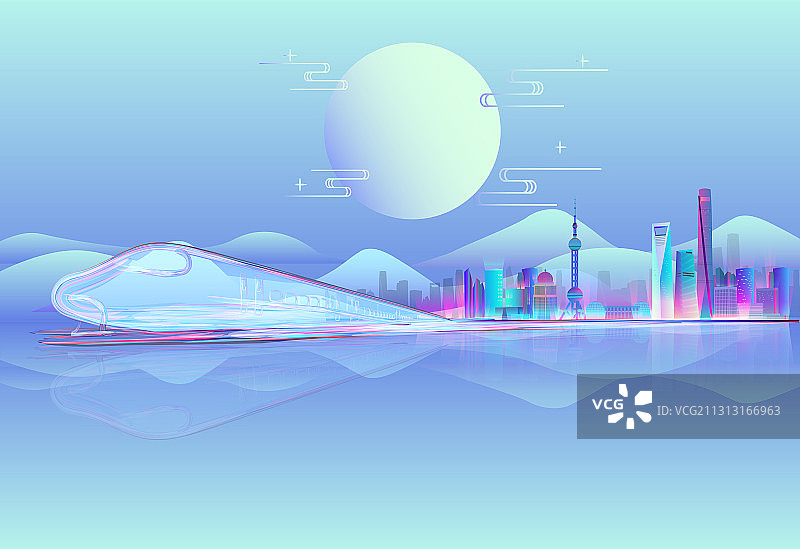 行驶中的高铁列车经过上海站城市的插画图片素材