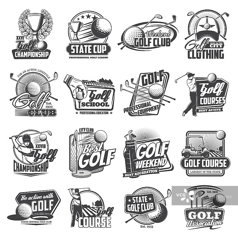 高尔夫运动图标：球、球杆、球座、球洞、旗帜图片素材