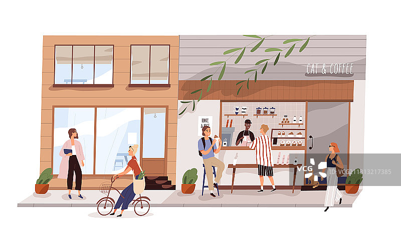 男性摊贩在现代户外咖啡店工作图片素材