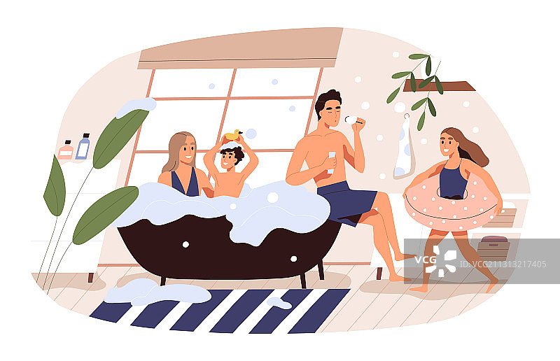家庭一起洗澡的扁平设计图片素材