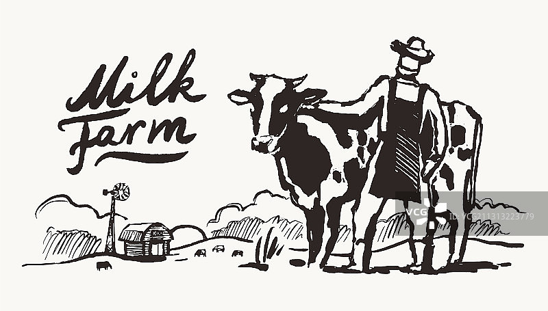 农民草地奶牛与乳制品标签图片素材