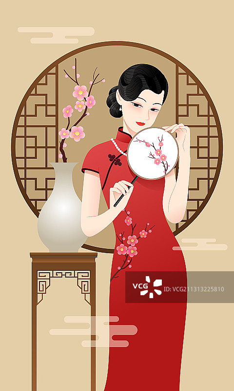 一个拿着扇子的旗袍美女和花窗花瓶梅花图片素材
