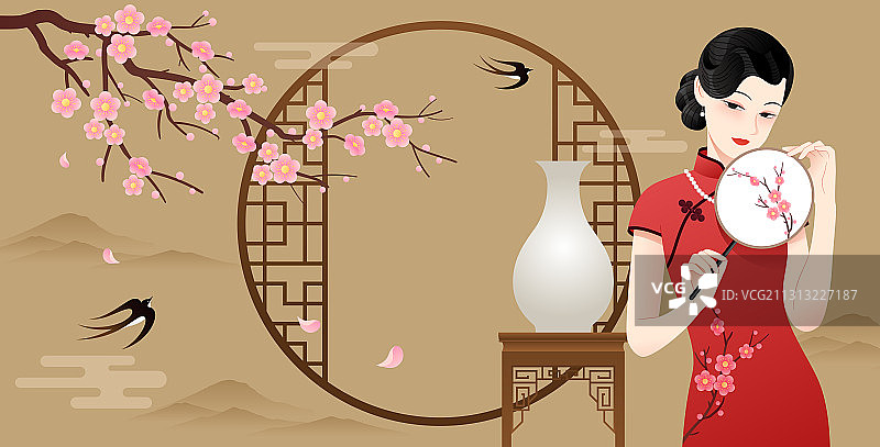 一个拿着扇子的旗袍美女和花窗梅花等插画横图片素材