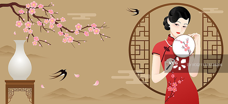 一个拿着扇子的旗袍美女和花窗花瓶梅花等插画横版图片素材