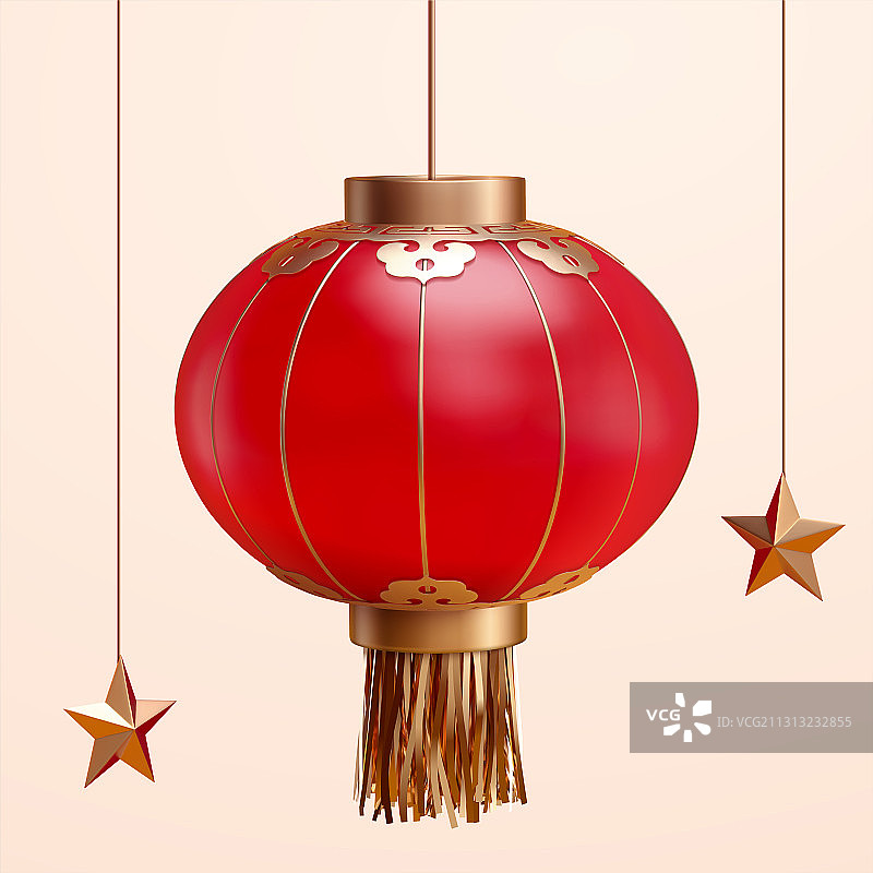 精致悬挂中国风红灯笼与星星装饰图片素材