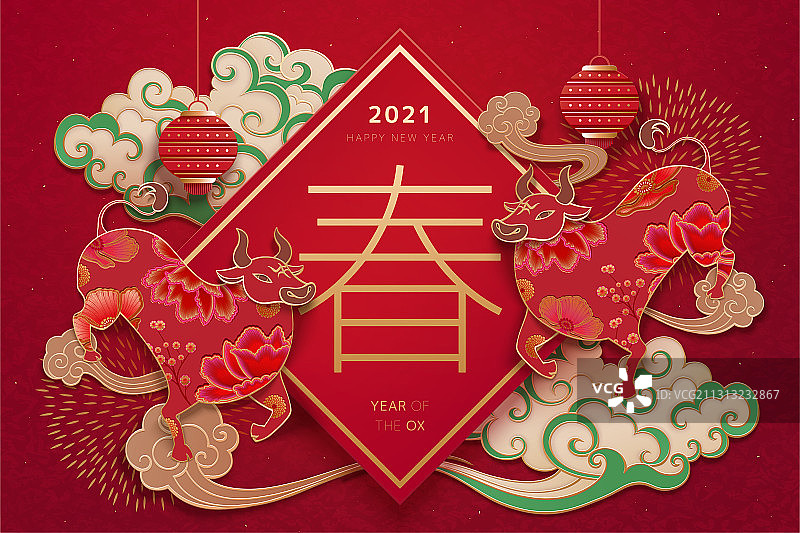 剪纸风富贵牡丹花牛年贺图图片素材