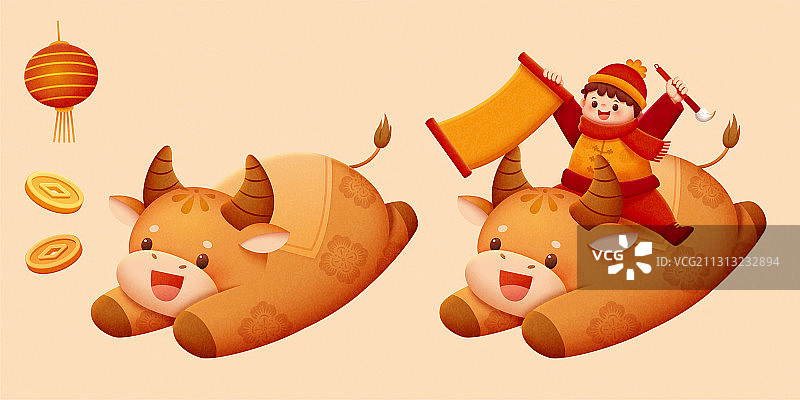 圆润飞天生肖牛背着儿童素材图片素材